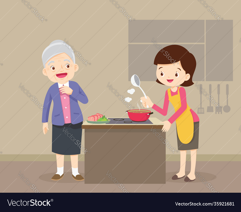 Elderly woman looking to lovely cooking Royalty Free Vector