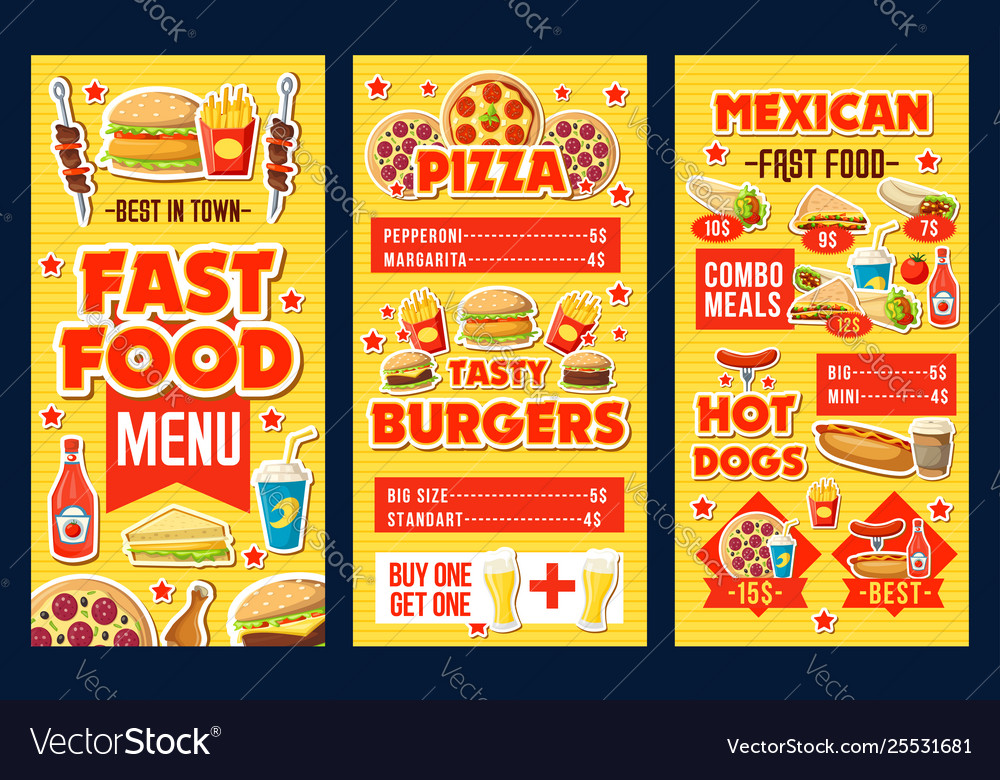 Fast food burgers pizza and hot dogs menu dollar