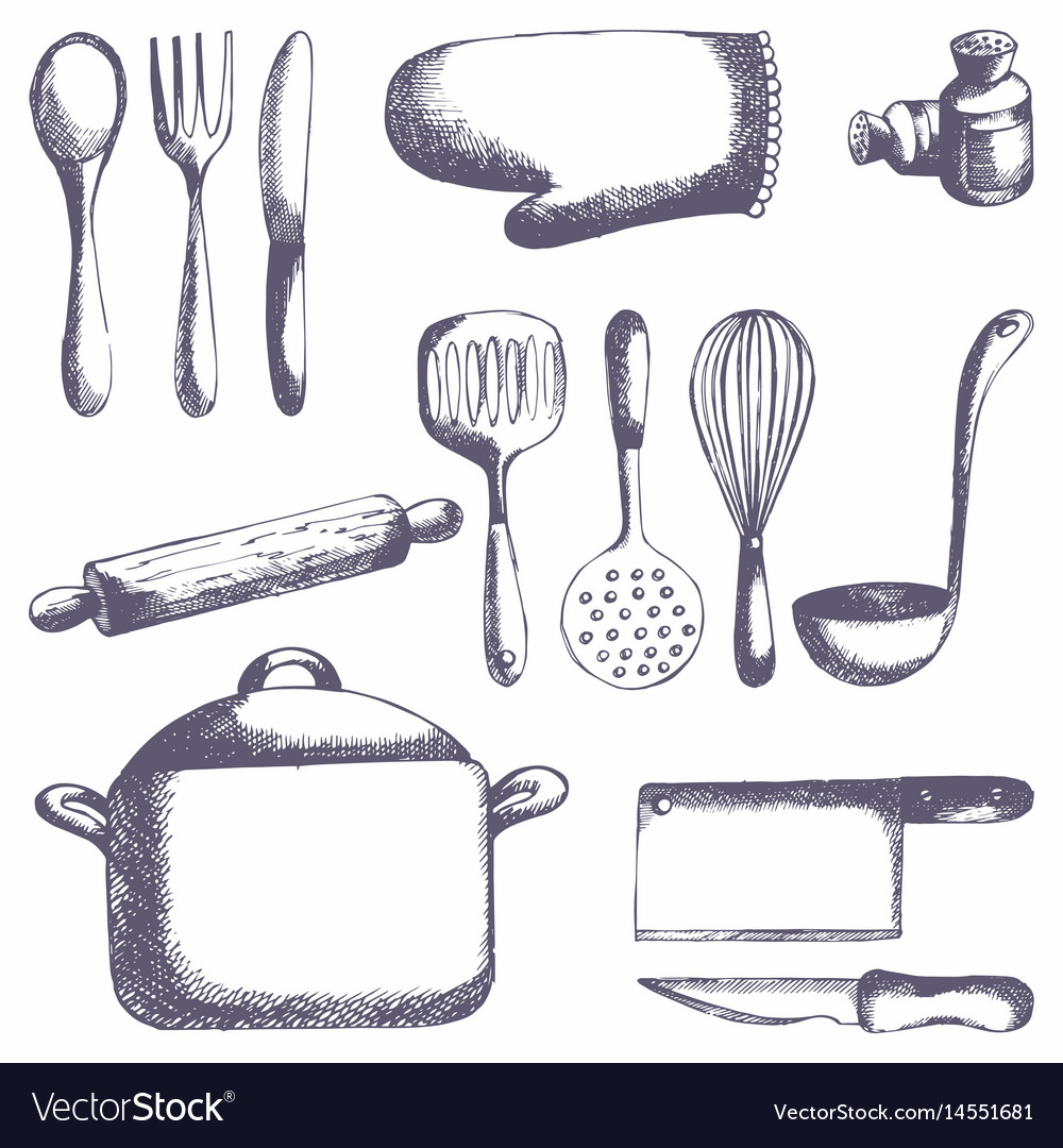 Kitchen and cooking utensils sketches Royalty Free Vector