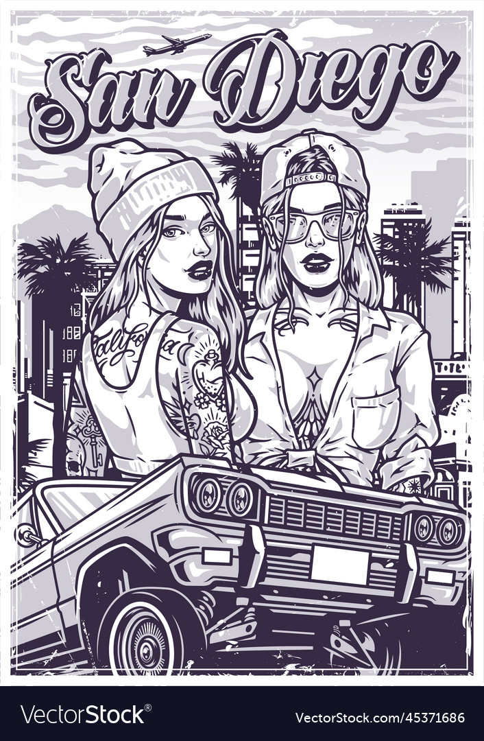 Car and girls poster monochrome Royalty Free Vector Image