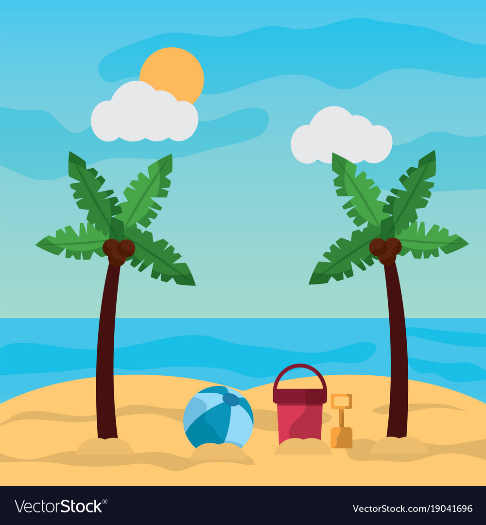 Beach palm tree ball bucket and shovel sand sunny Vector Image