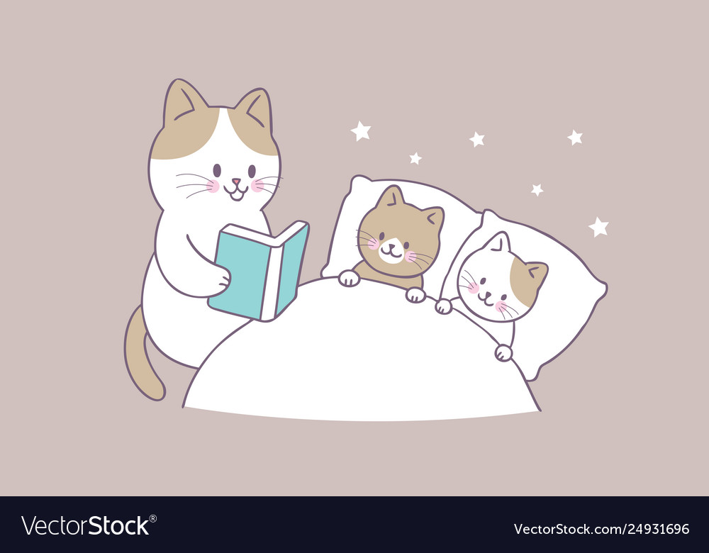 Cartoon cute mother cat reading book baby vect