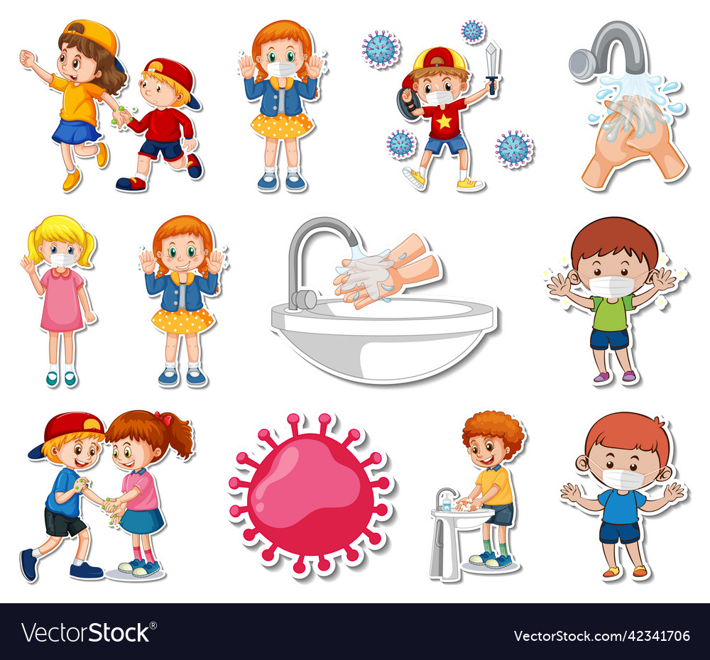 Sticker set of covid19 icons and cartoon Vector Image