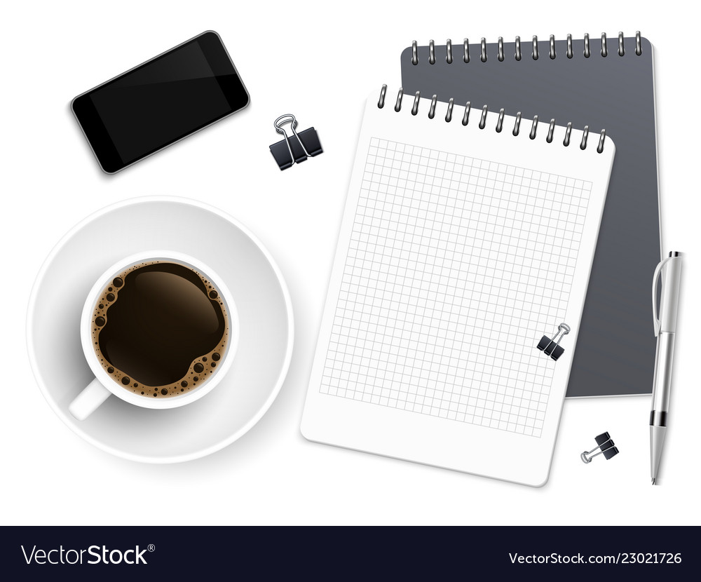 top-view-business-coffee-break-with-notepad-phone-vector-image