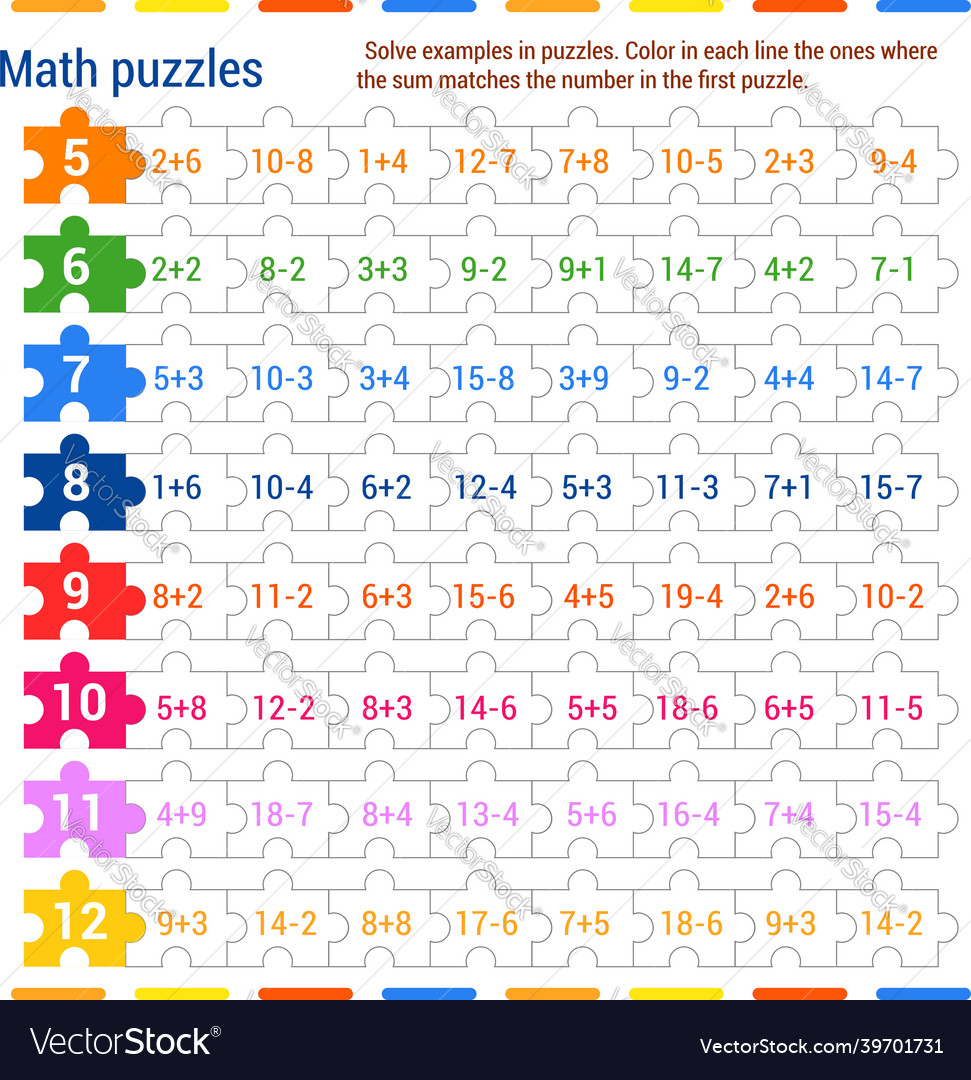 Math puzzle game solve the examples in jigsa Vector Image