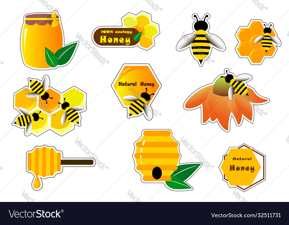 Stickers with honey and bees Royalty Free Vector Image