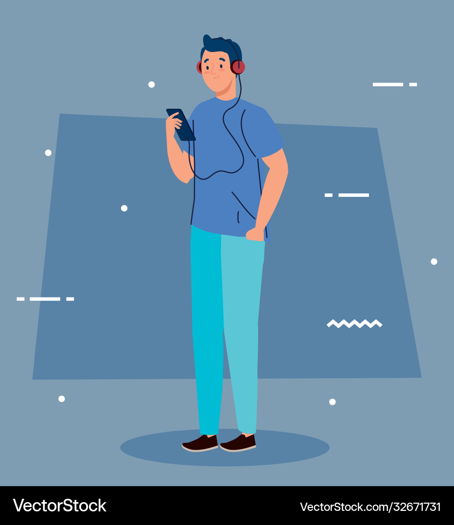Young Man Using Headphones And Smartphone Vector Image
