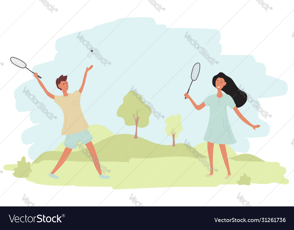 A couple guy and girl are playing badminton Vector Image