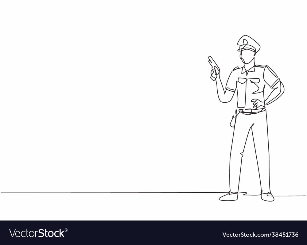 Single one line drawing young policeman pose Vector Image