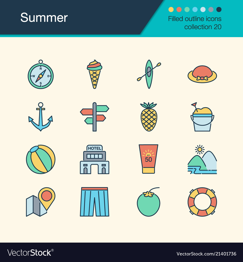 Summer icons filled outline design collection 20 vector image Summer icons filled outline design collection 20