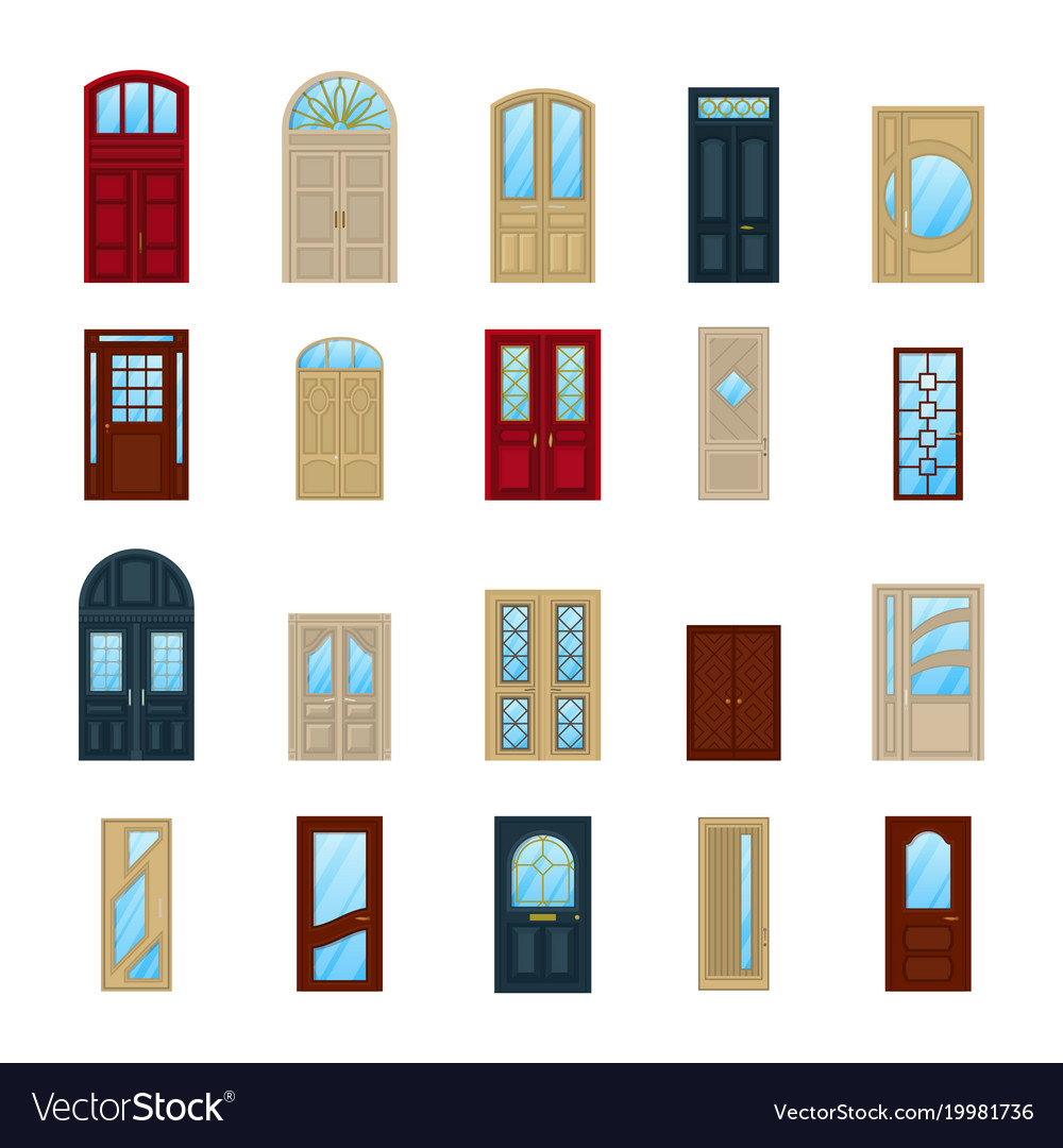 Wood or wooden facade exterior doors icons Vector Image