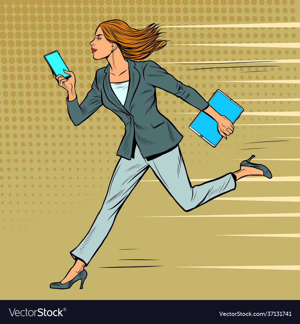 A businesswoman runs with a smartphone modern Vector Image