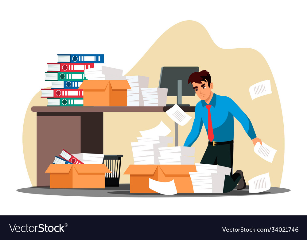 Overworked employee kneeling front paper box Vector Image