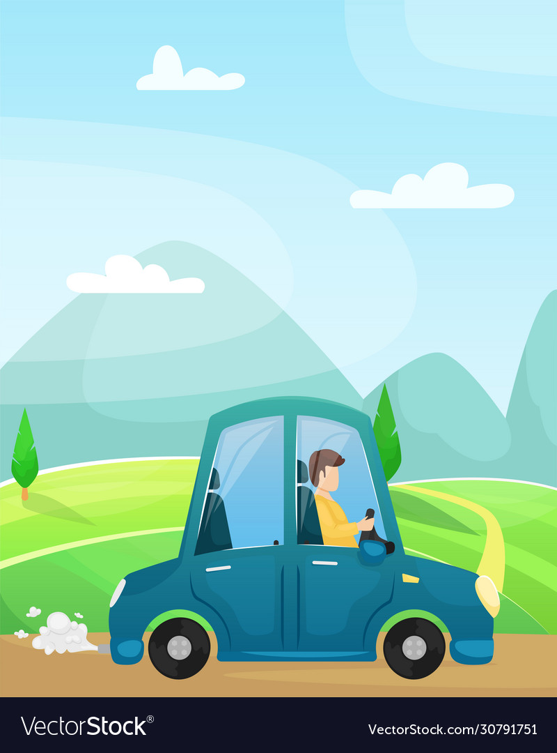 A man driving blue cartoon car country trips Vector Image A man driving blue cartoon car country trips Vector Image