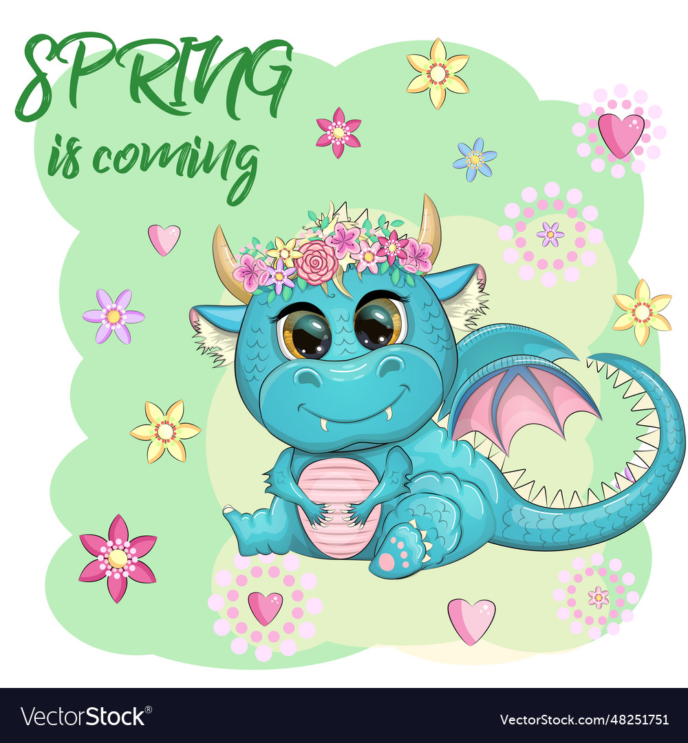 Cute cartoon green baby dragon with horns Vector Image