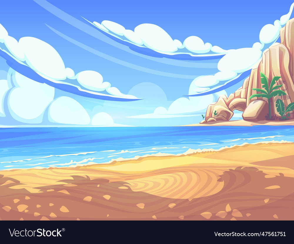 Ocean coast with water sand clouds rock Royalty Free Vector