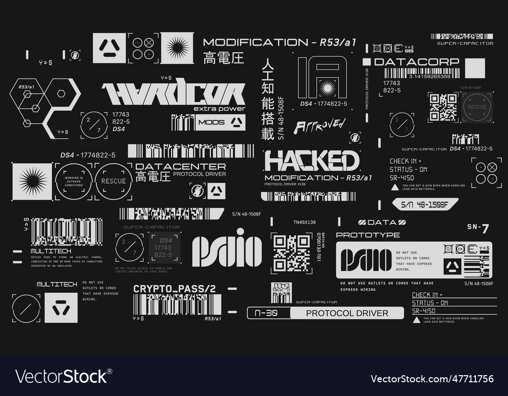 Cyberpunk decals set set of stickers Royalty Free Vector