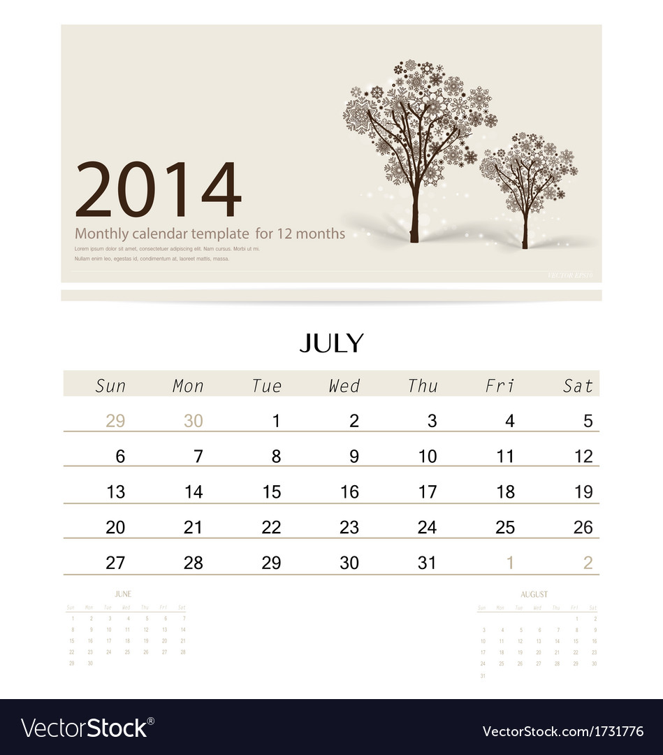 14 Calendar Monthly Calendar Template For July Vector Image