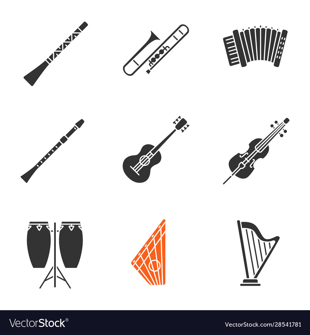 Musical instruments glyph icons set Royalty Free Vector