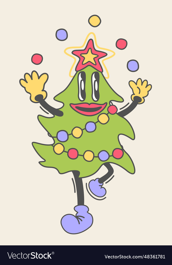 Retro cartoon cute christmas tree isolated Vector Image