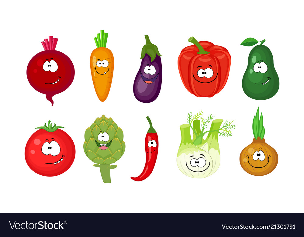 Funny cartoon set different vegetables smiling Vector Image