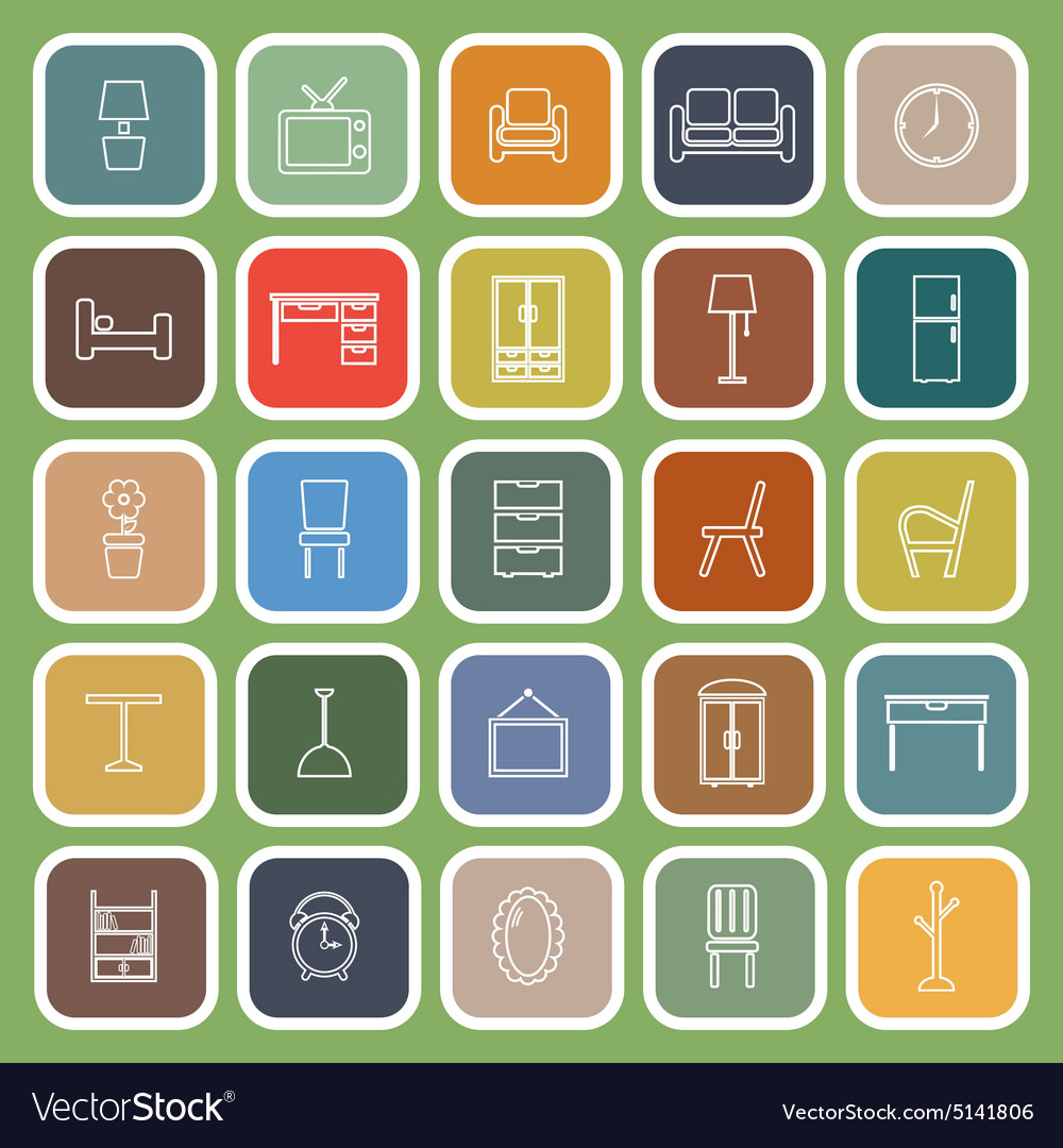 Furniture line flat icons on green background Vector Image