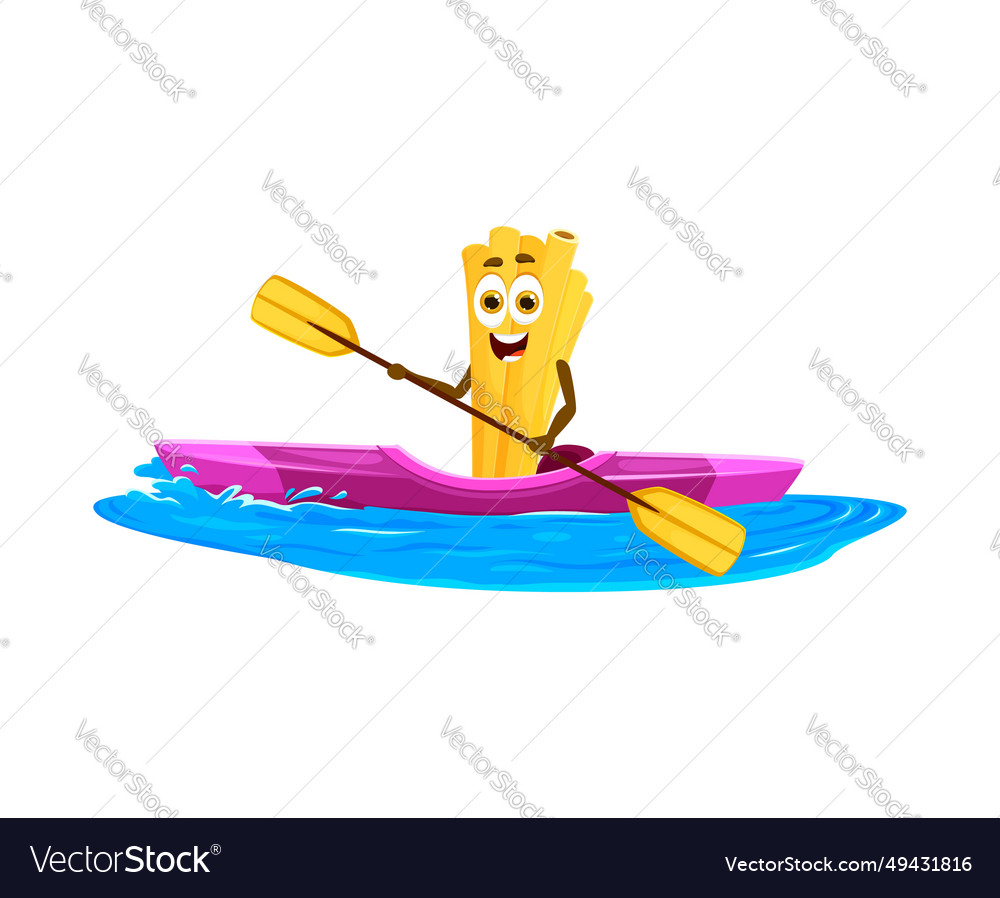 Cartoon cheerful bucatini pasta paddles a kayak Vector Image