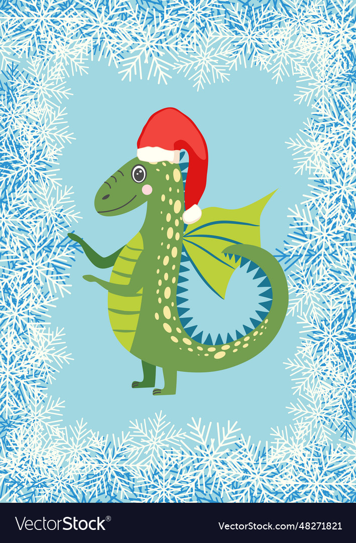 Christmas Card With Cute Green Dragon Year Vector Image