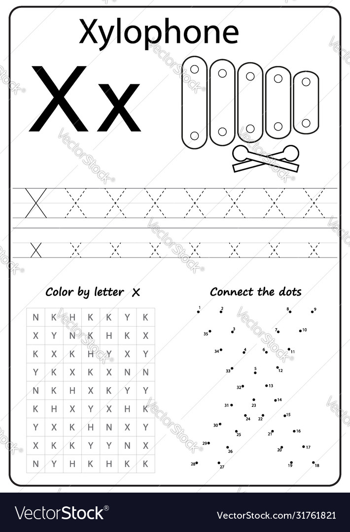 Letter x alphabet worksheet task for kids Vector Image