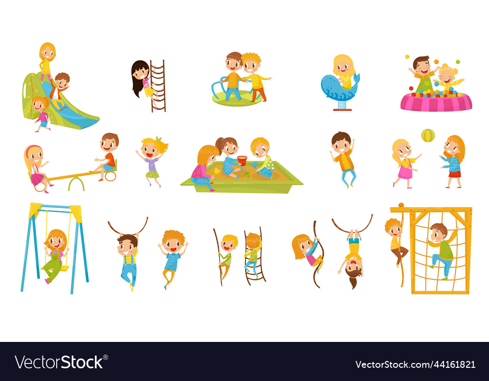 Little boy and girl playing in sandpit climbing Vector Image