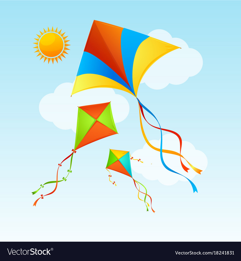 Flying kite and clouds on a blue sky summer Vector Image