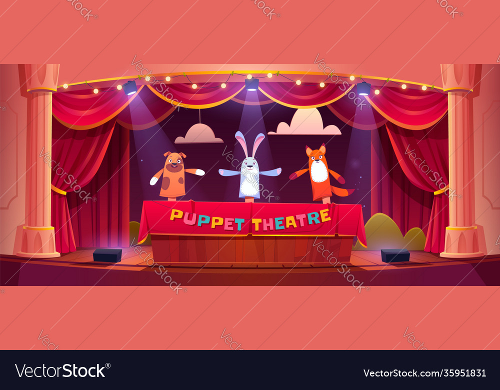 Puppet show on theater stage with animal dolls Vector Image