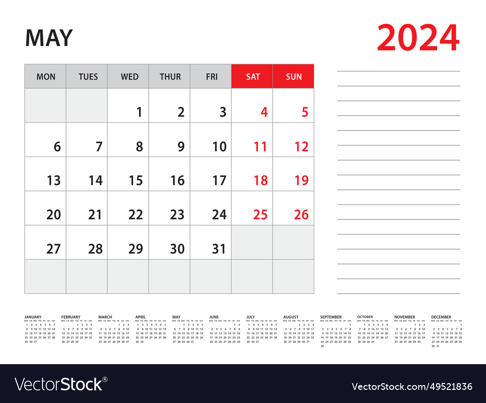 May 2024 year - calendar template week Royalty Free Vector