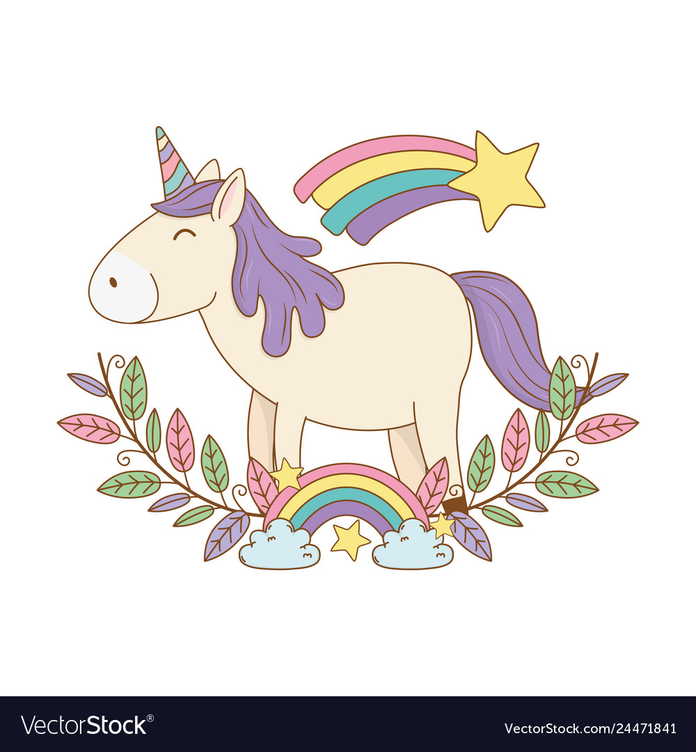 Cute fairytale unicorn in wreath with rainbow Vector Image