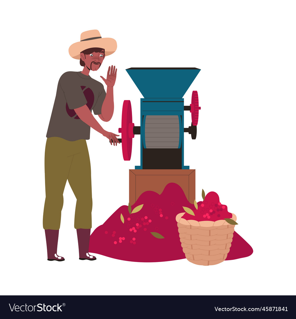 Man in hat hulling coffee crop machine Royalty Free Vector