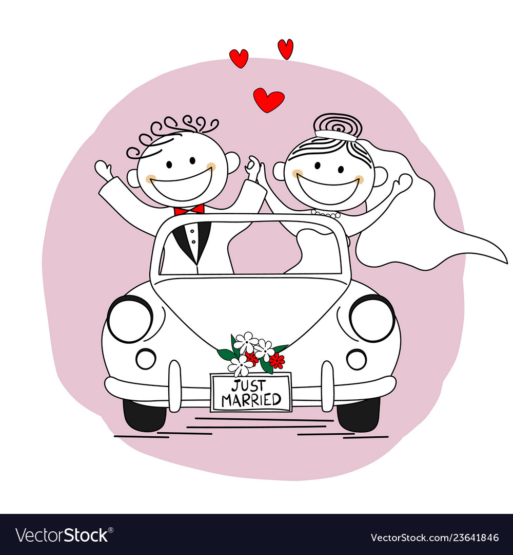 Just married couple leaving for their honeymoon Vector Image