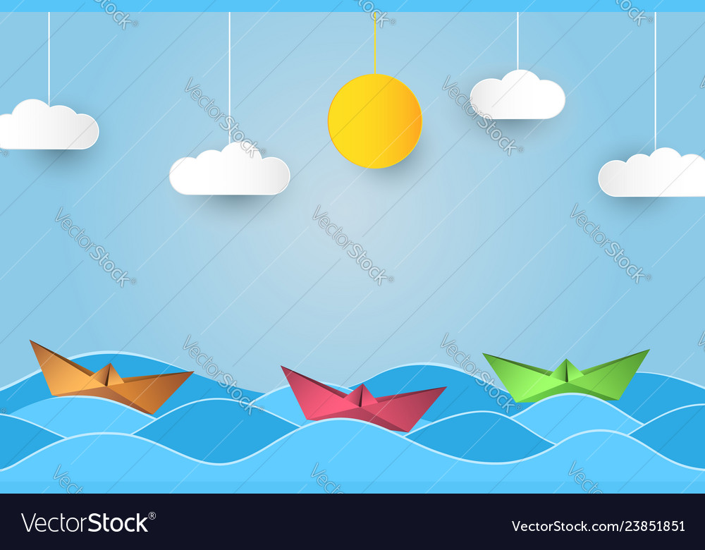 Origami sailing boat in waves paper art style vector image Origami sailing boat in waves paper art style