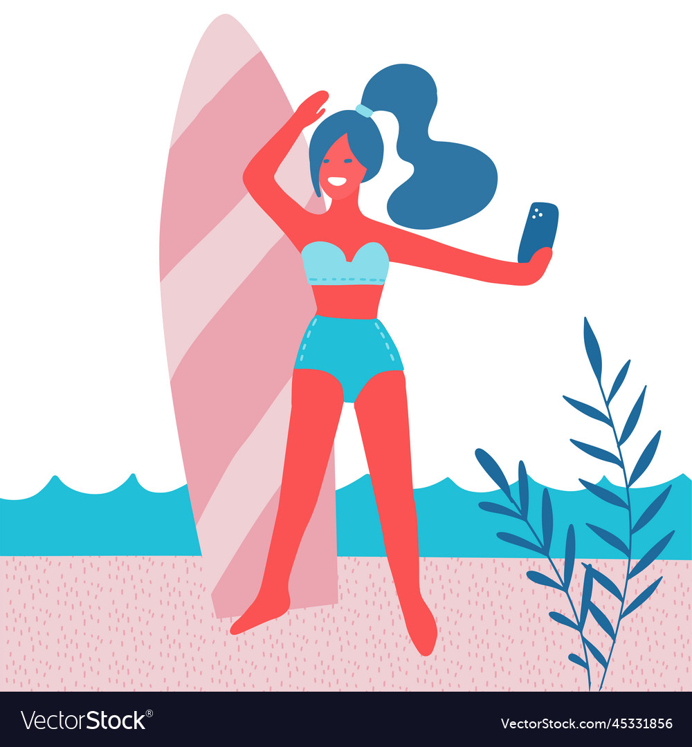 Beautiful Girl Making Selfie With Surf Board Vector Image