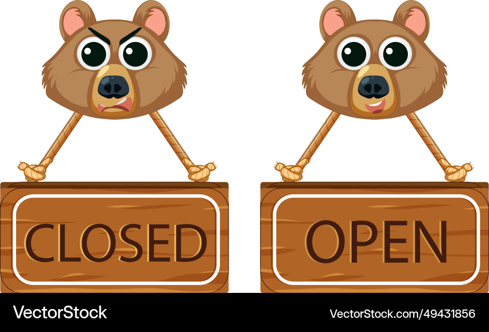 Closed and open sign banner with bear face Vector Image