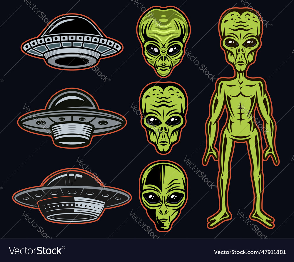 Aliens and ufo set of objects or graphic Vector Image