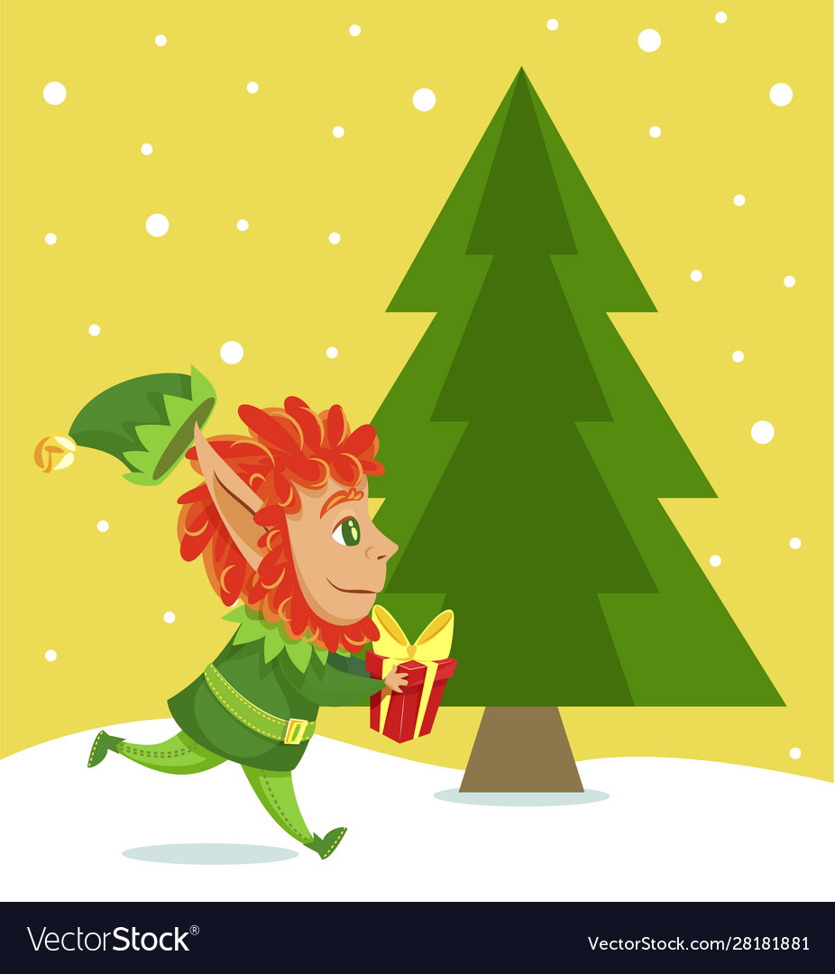 Elf running with giftbox passing pine tree spruce Vector Image