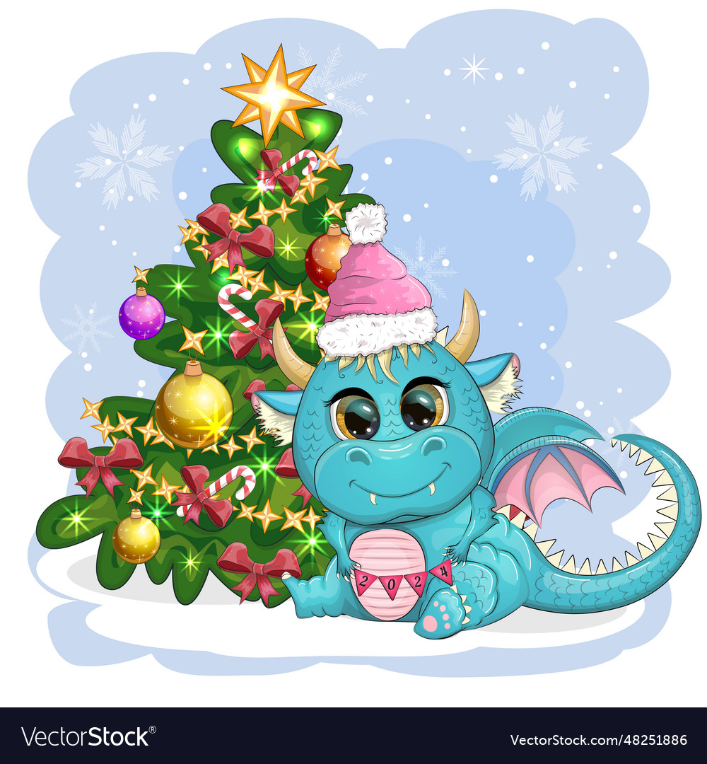 A cute cartoon green dragon in santa hat holds Vector Image