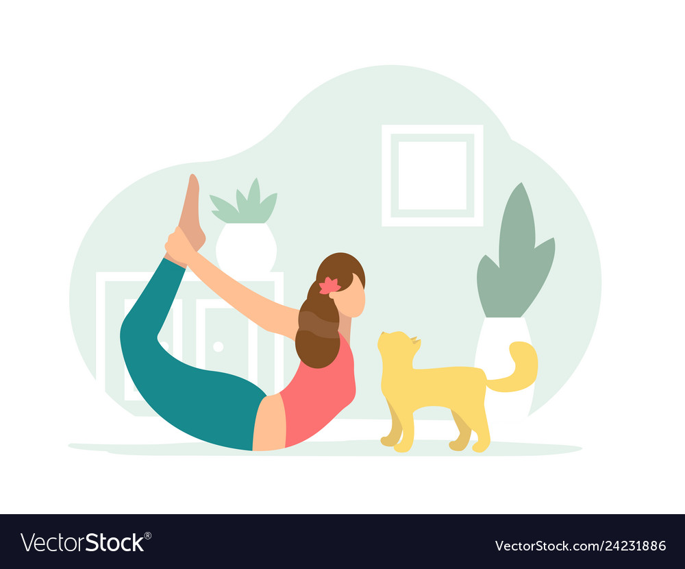 Bow pose woman doing yoga with cat Royalty Free Vector Image