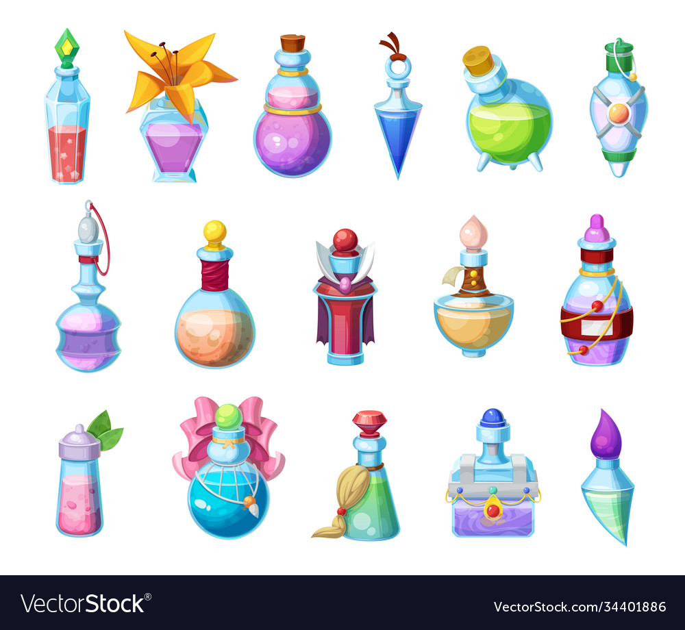 Potion bottles magic elixir in glass flasks icons Vector Image