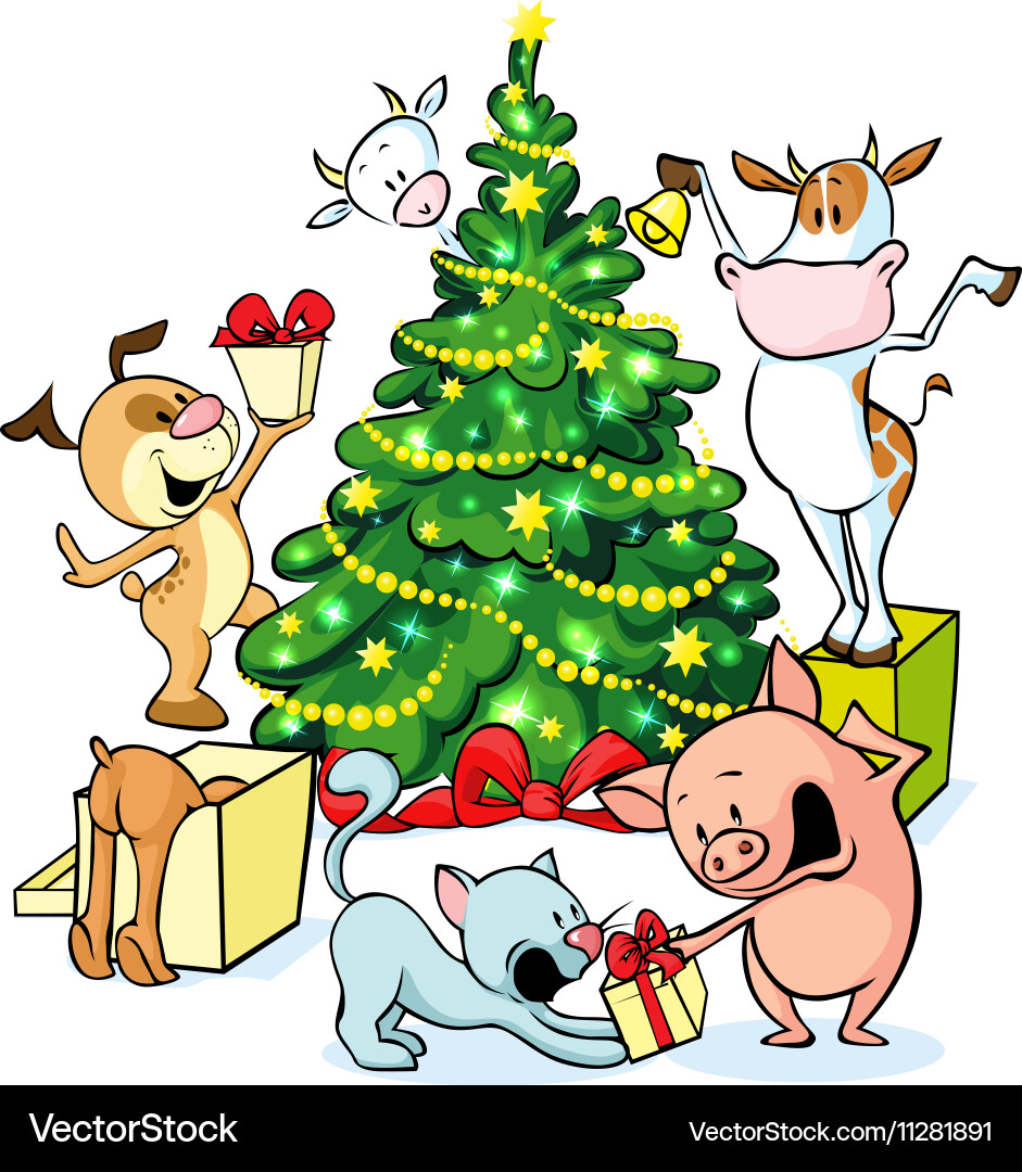 Farm animals celebrate christmas under tree Vector Image