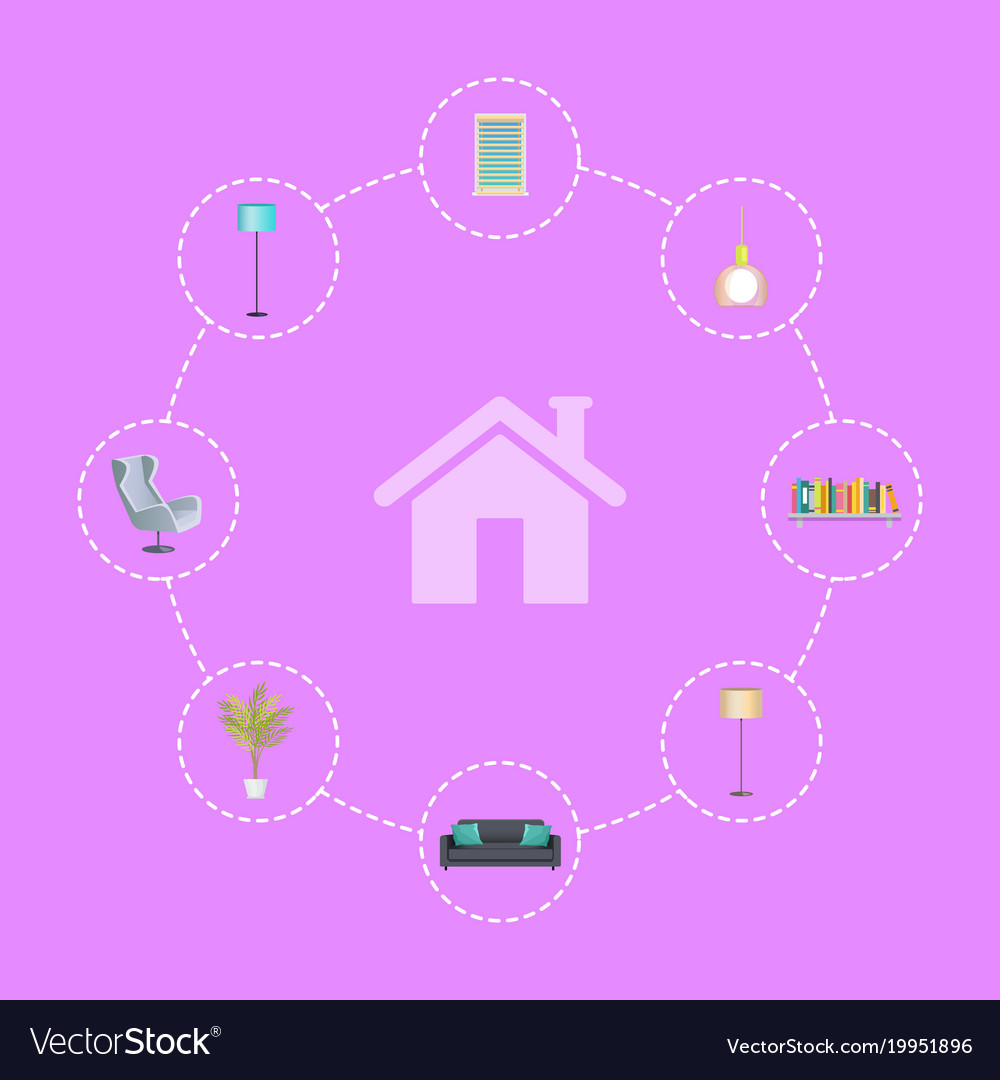 Interior design elements in circles around house Vector Image