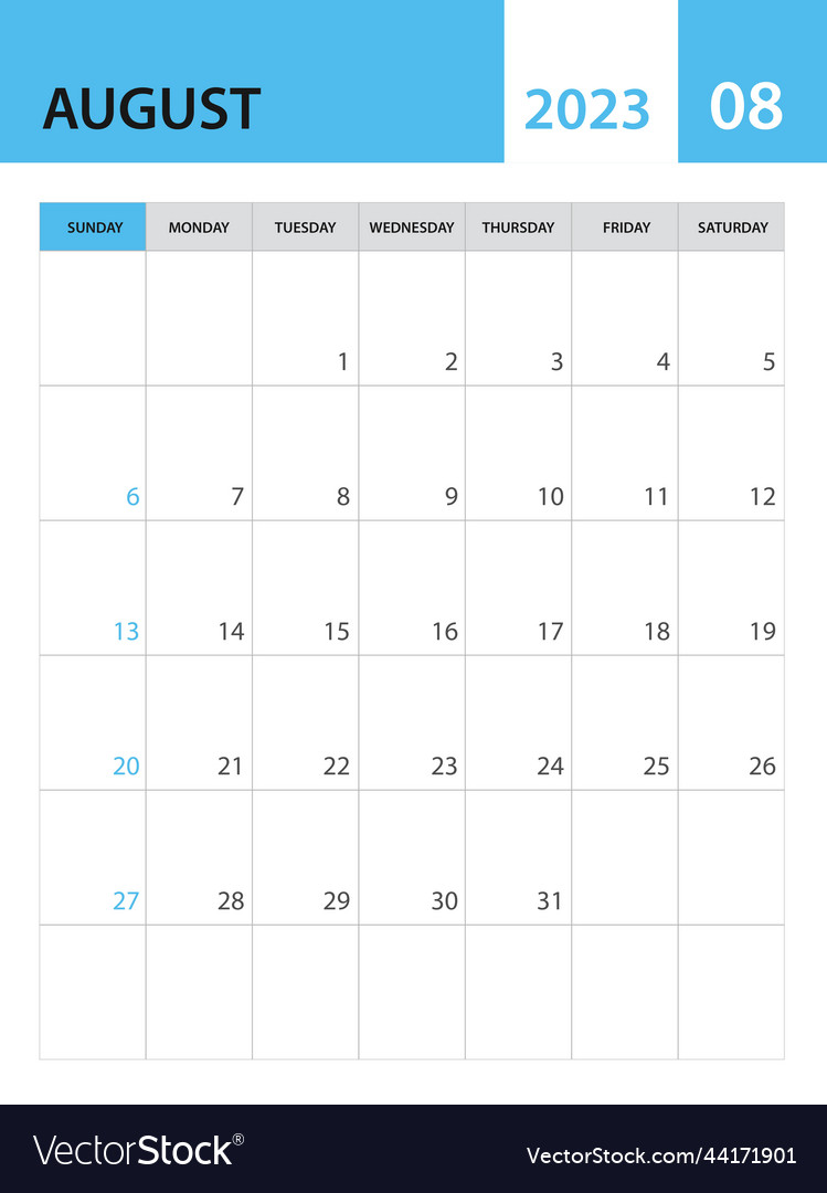 August 2023 template calendar 2023 template Vector Image