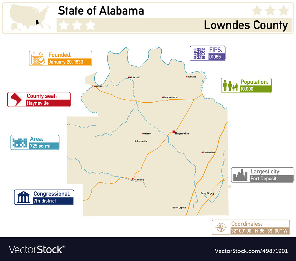 Detailed infographic and map of lowndes county Vector Image