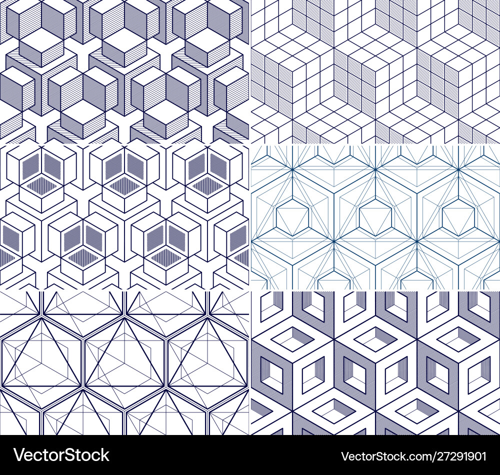 Geometric cubes abstract seamless patterns set 3d Vector Image