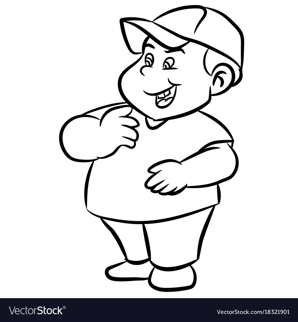 Line drawing cartoon fat boy smiling